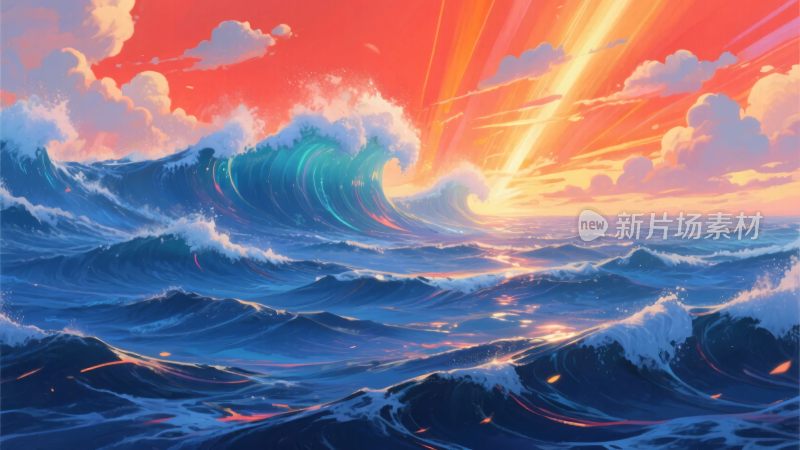 绚丽海上日出与翻涌波浪