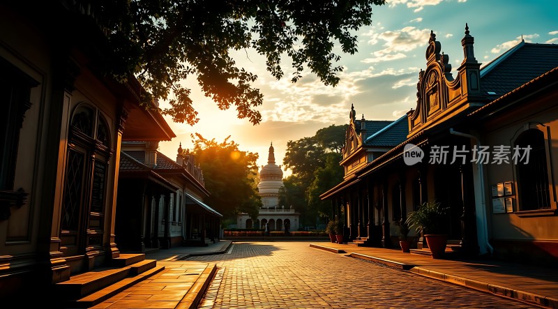 晨曦中的宁静寺庙街景