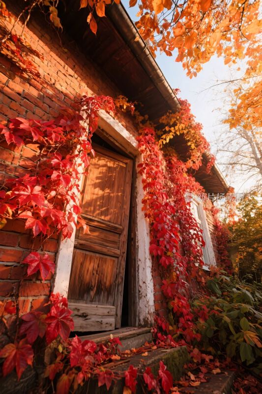 老木屋秋景藤蔓