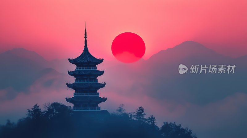 日出日落早晨夕阳塔楼古建筑古塔晚霞