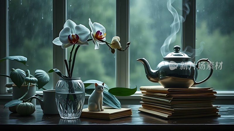 窗边茶香四溢书香伴花影