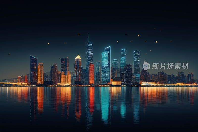 夜景城市天际线有湖泊和桥梁高清背景图片