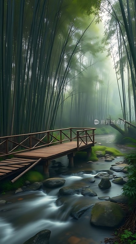 竹林小溪木桥幽静