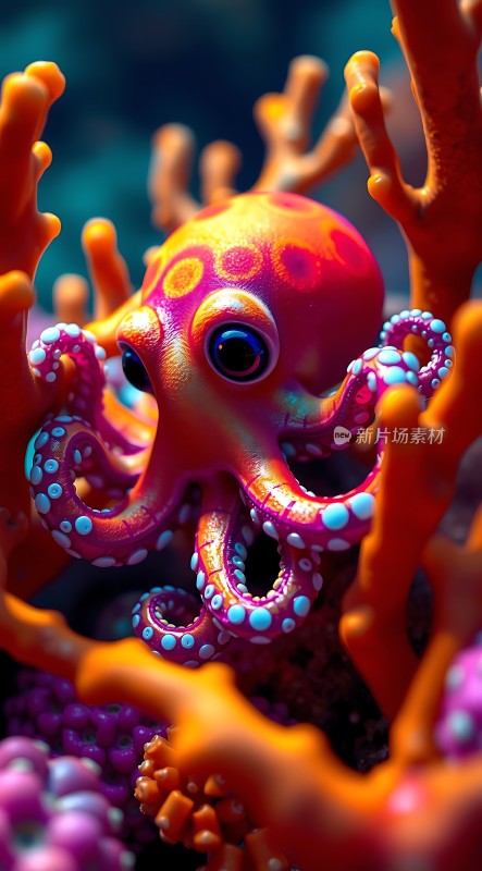 色彩斑斓的小章鱼在珊瑚丛中探出头