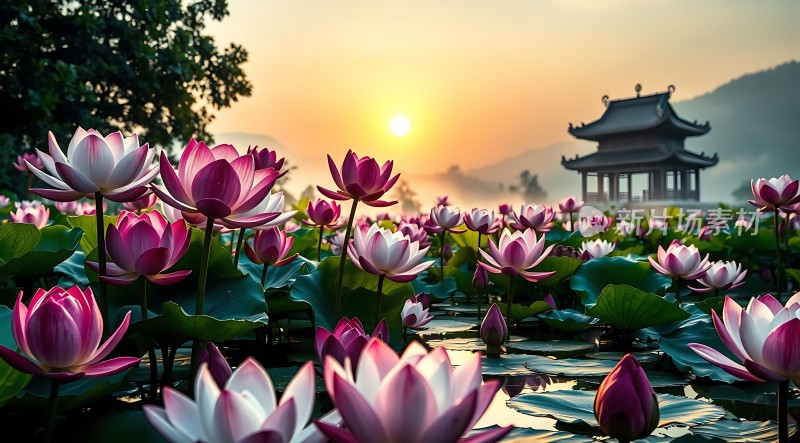 荷花湖畔晨光映