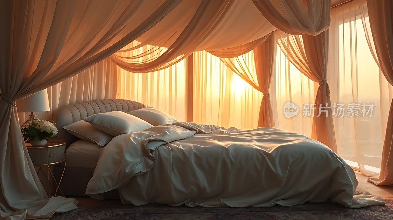 阳光洒满温馨卧室白色床铺与窗帘交相辉映