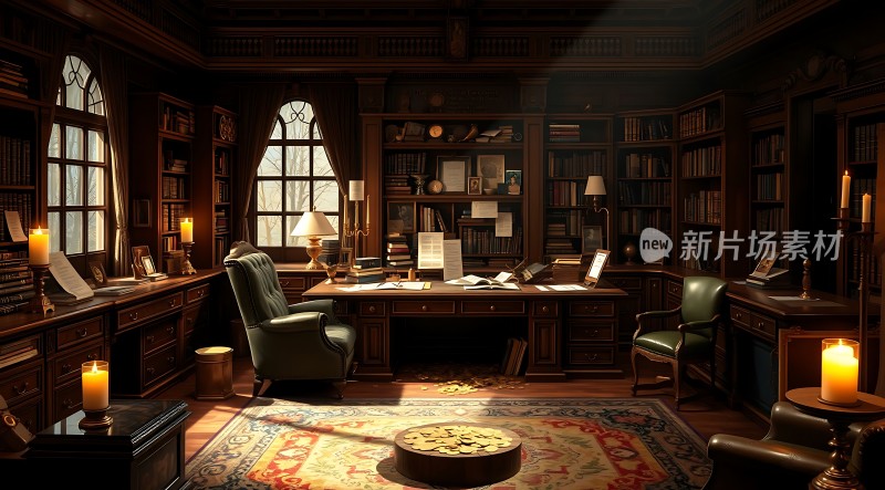 书房一角书架、桌椅、地毯与蜡烛营造温馨氛围