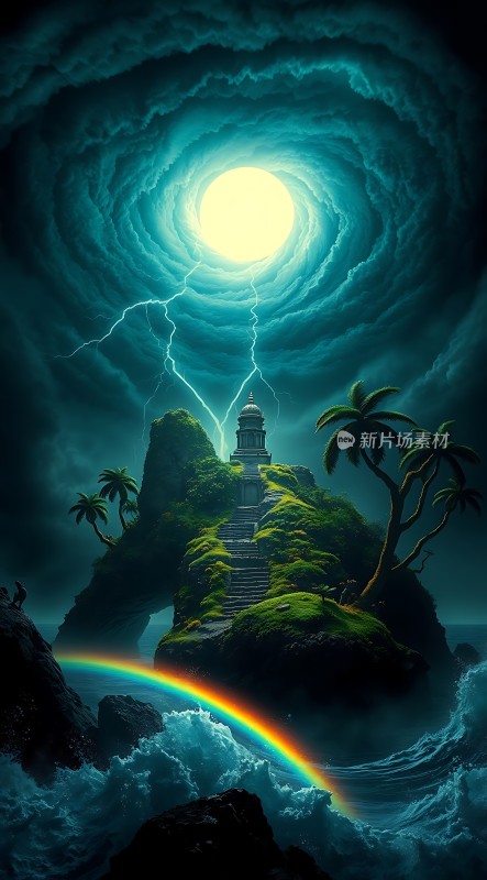 神秘岛屿上的彩虹与闪电