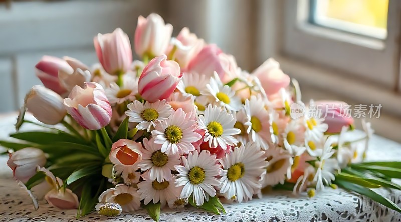 阳光下的粉色郁金香与白色雏菊