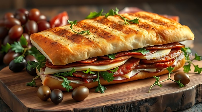 美味三明治配新鲜蔬菜和葡萄