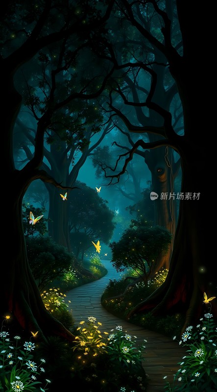 萤光蝴蝶夜游秘境森林小径