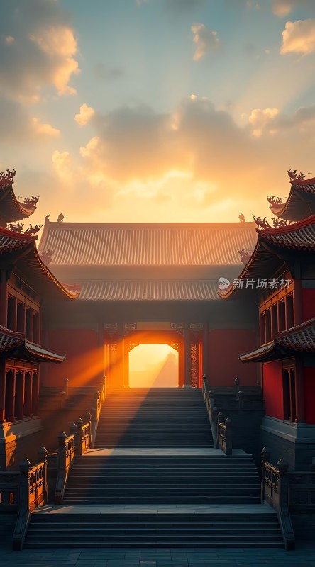 晨曦中的古建筑光影