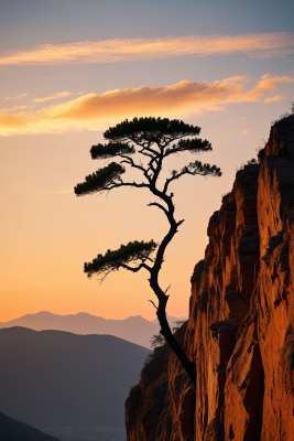 悬崖上的树日落高清风景图片