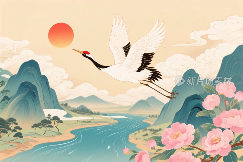 传统飞鹤山水插画