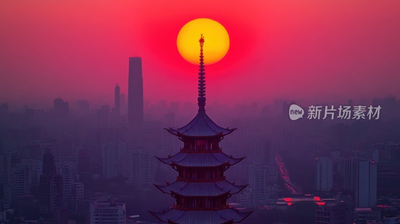 日出日落早晨夕阳塔楼古建筑古塔晚霞