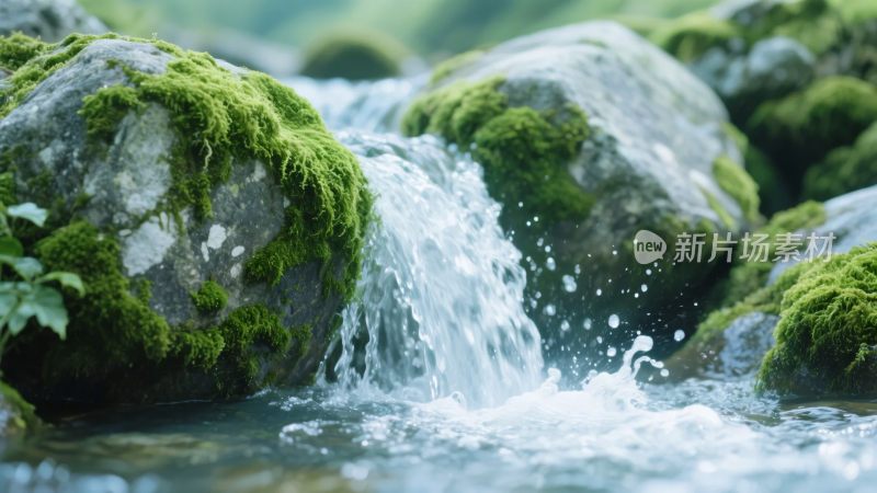 山间青苔石上的潺潺溪流