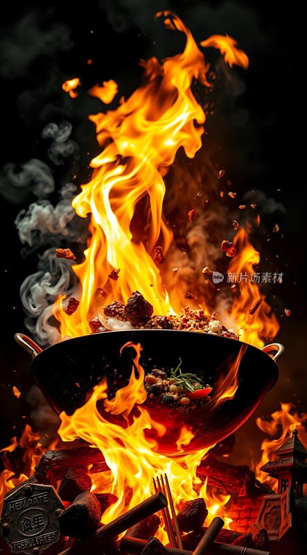 火焰炒菜热气腾腾食材飞溅美味即成