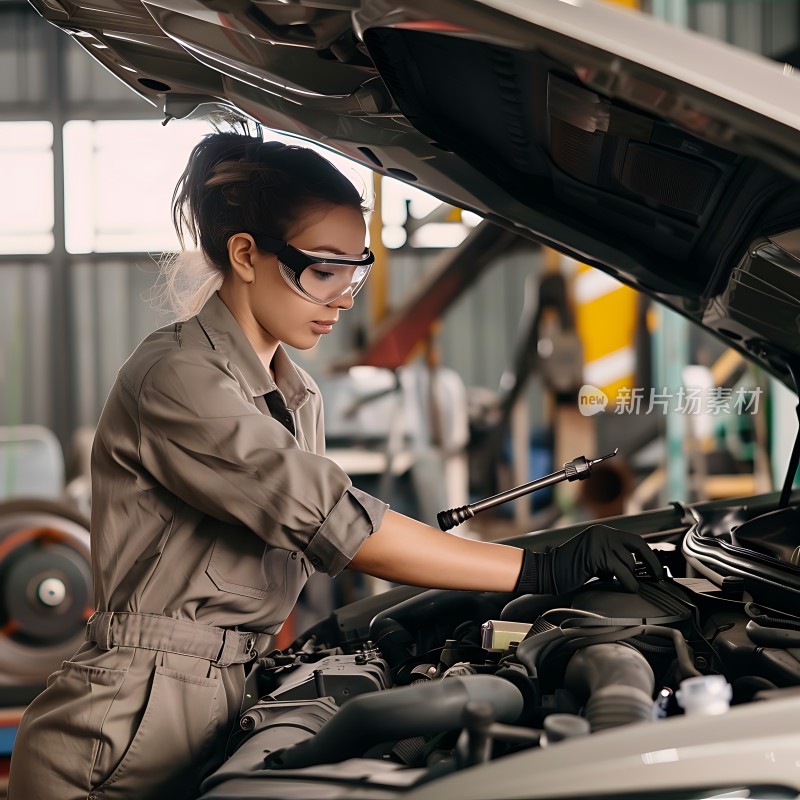 女机械师专注检修汽车引擎