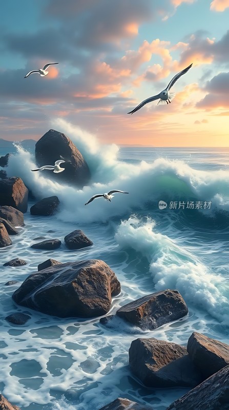 海鸥翱翔浪花飞溅岩石遍布