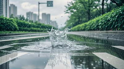 雨后城市街道倒影绿树成荫风景插画