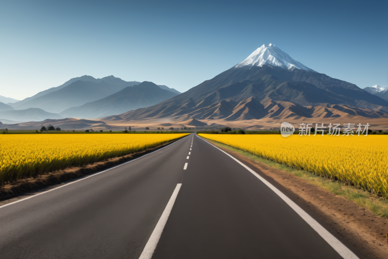 道路一座山一片黄色的花田风光风景图片