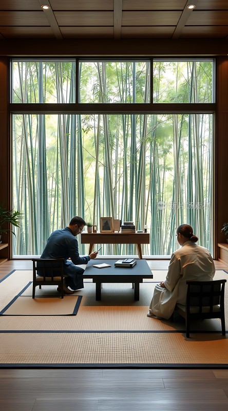 竹影斑驳下的茶道交流