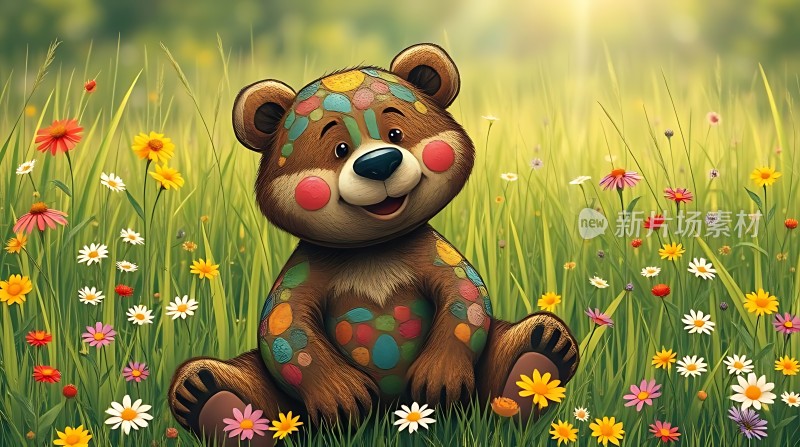 彩色小熊在花丛中微笑