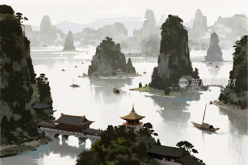 山水古韵风景插画