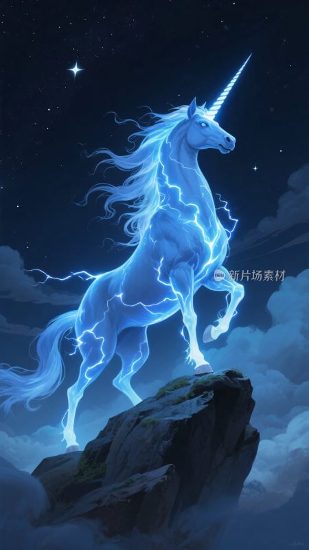 梦幻蓝色闪电独角兽夜空图