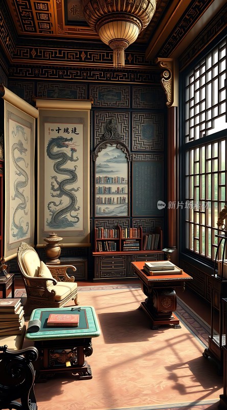 古韵书房龙纹壁画书香门第雅致生活