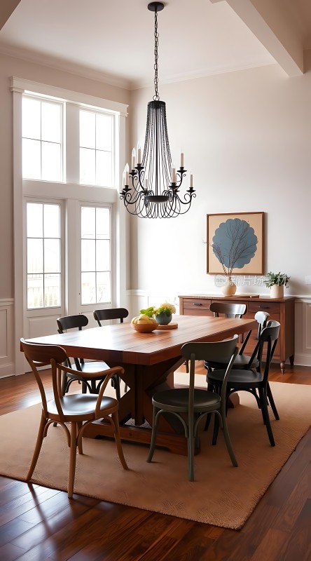 温馨餐厅木质餐桌椅与吊灯营造优雅氛围