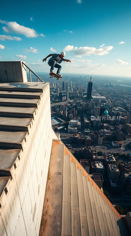 飞跃高楼滑板少年