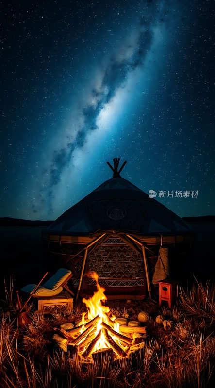 星空下的篝火旁享受宁静夜晚