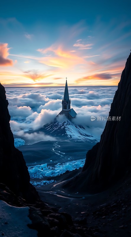 冰封山巅教堂云海环绕日出辉煌