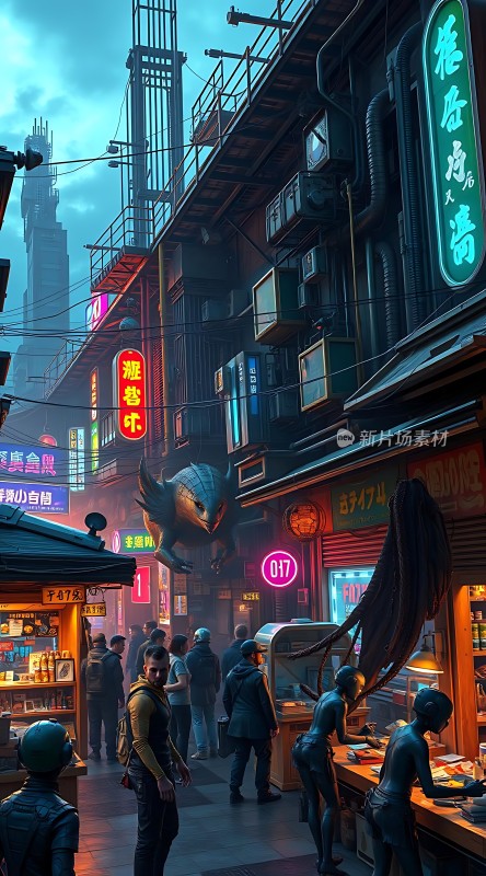 霓虹灯下的未来都市风情街