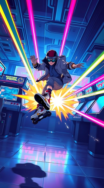 霓虹灯下的滑板少年