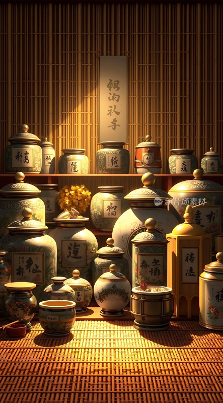 中药铺里的古风罐子