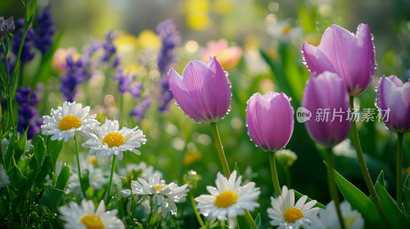 春天春日晨曦中的郁金香小雏菊鲜花
