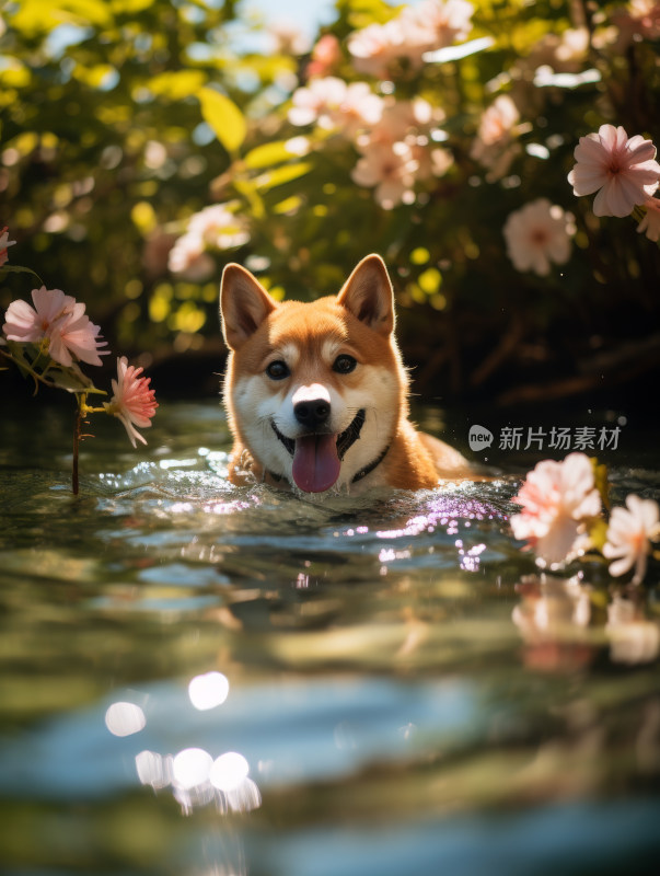 犬在清澈的水中游泳