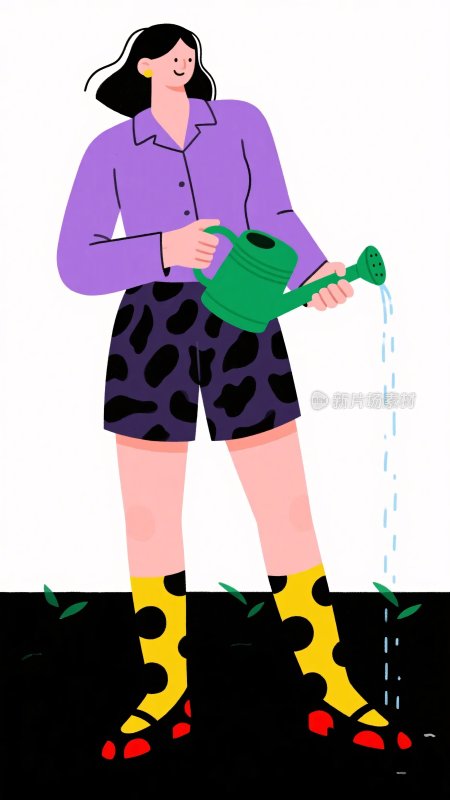 女子手持喷壶浇水插画