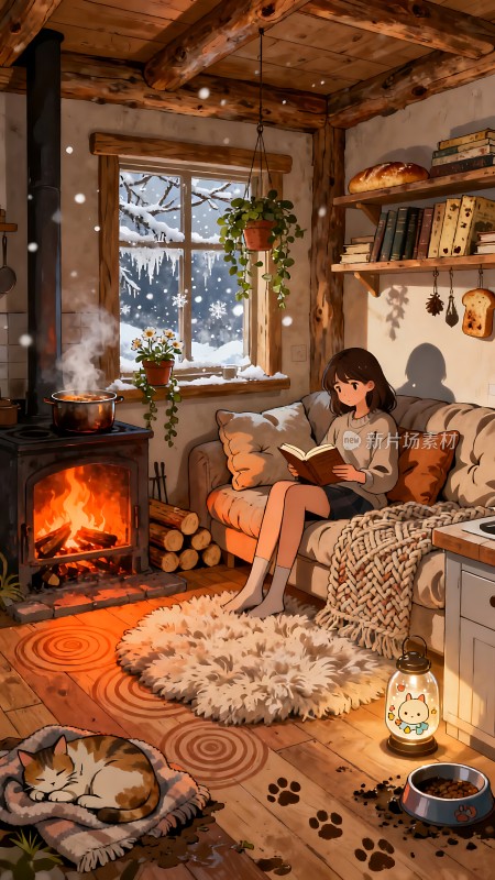 冬日暖炉旁的温馨阅读时光