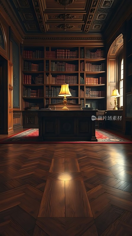 书房一角书架、桌椅与灯光营造静谧氛围