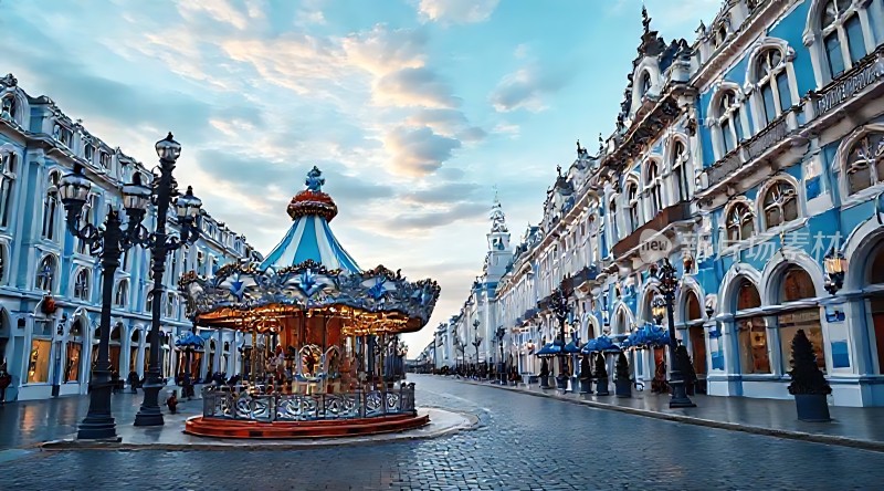 蓝白欧式建筑街景摩天轮