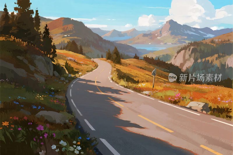 山间蜿蜒公路风景插画