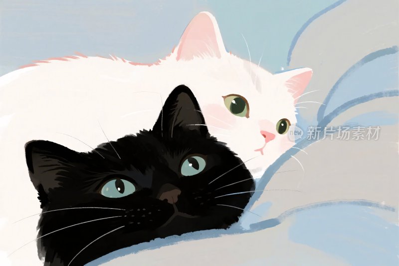 黑白猫咪相依插画