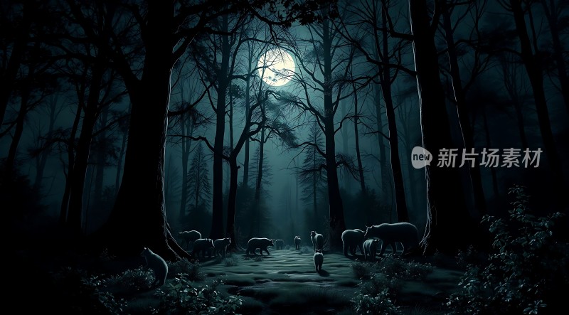 黑暗森林中的月光下的狼群