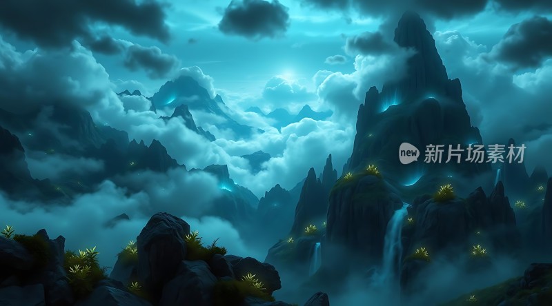 神秘山谷云雾缭绕山峦叠起瀑布飞流静谧而美丽