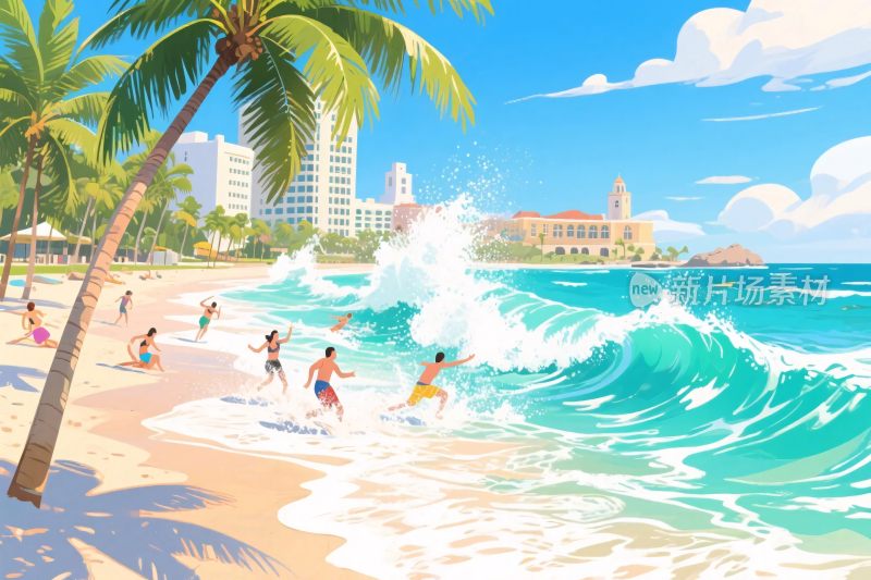 热带海滩海浪插画