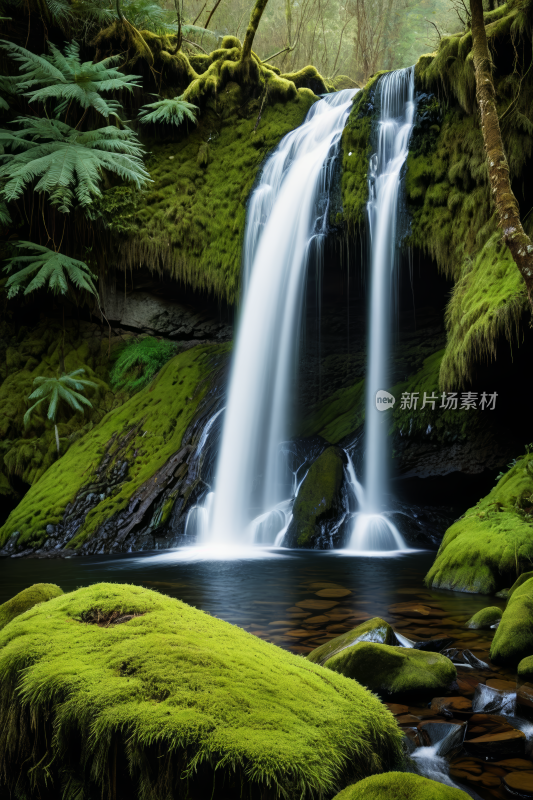 瀑布位于森林中央岩石上覆盖着苔藓风景图片