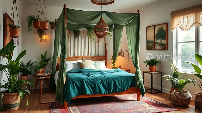 绿色植物环绕下的温馨卧室